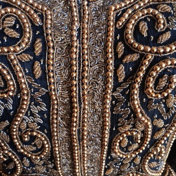 Small Vintage Bolero Jacket Black Gold Beaded Sequin Embroidery Patra - Picture 5 of 15
